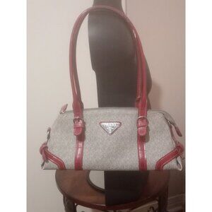 PRADA MILANO Gray Red Leather-Canvas Shoulder Bag Purse